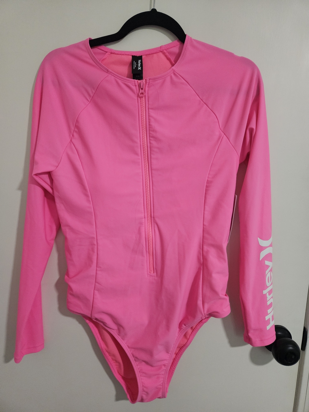 Hurley Hot Pink Long-Sleeve Zip Front One-Piece Rashguard Swimsuit